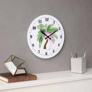 Reloj Redondo Grande Adorno de flamenco rosa de playa lindo