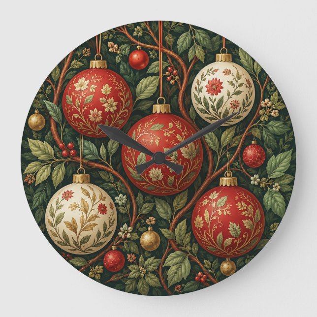 Reloj Redondo Grande Adornos Navideños Botánicos Vintage (Anverso)
