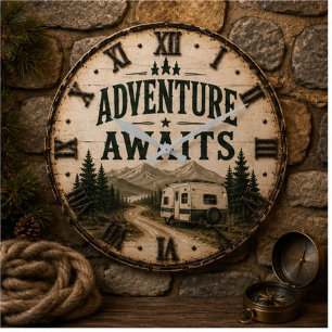 Reloj Redondo Grande Adventure Awaits Rustic Camper Camping Mountain