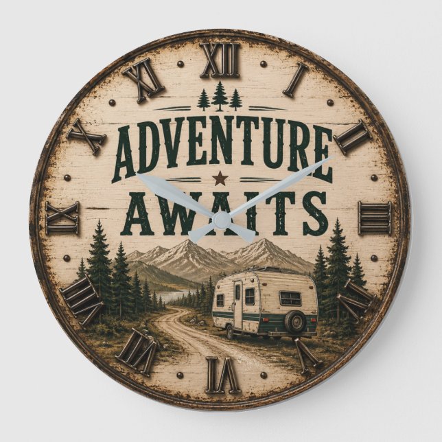 Reloj Redondo Grande Adventure Awaits Rustic Camper Camping Mountain (Anverso)