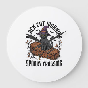 Reloj Redondo Grande Advertencia de gato negro vintage Halloween bruja 