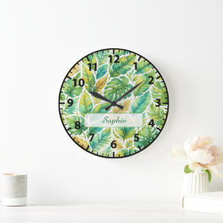 Reloj Redondo Grande Aesthetic Green Tropical Leaves Custom Name 