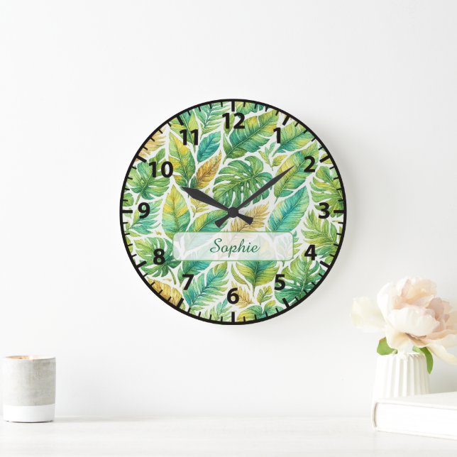 Reloj Redondo Grande Aesthetic Green Tropical Leaves Custom Name  (Hogar)