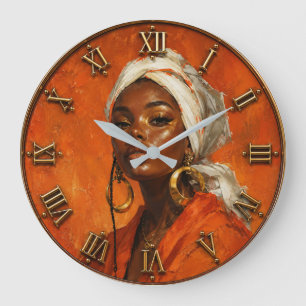 Reloj Redondo Grande African Queen Vibrant Orange Portrait Art