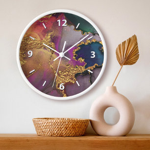 Reloj Redondo Grande Ágata acuarela oro púrpura verde azul chic glamour
