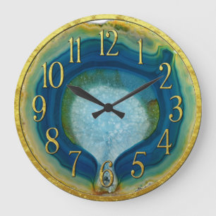 Reloj Redondo Grande Ágata azul y verde Geode con el detalle del oro de