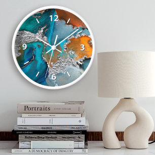 Reloj Redondo Grande Ágata chic acuarela plata turquesa naranja