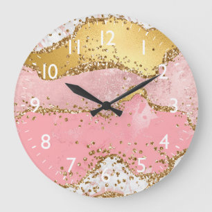 Reloj Redondo Grande Ágata de lentejuelas doradas y rosadas