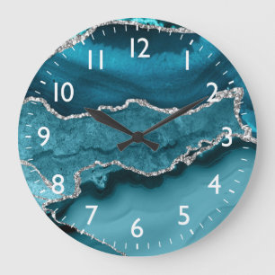 Reloj Redondo Grande Ágata Mármol Brillo Teal y Plateado Falso