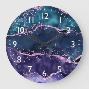 Reloj Redondo Grande Ágata Oceánica con Brillo Azul Marino y Púrpura