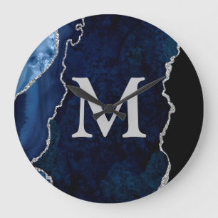 Reloj Redondo Grande Agato azul de la marina monograma personalizado ac
