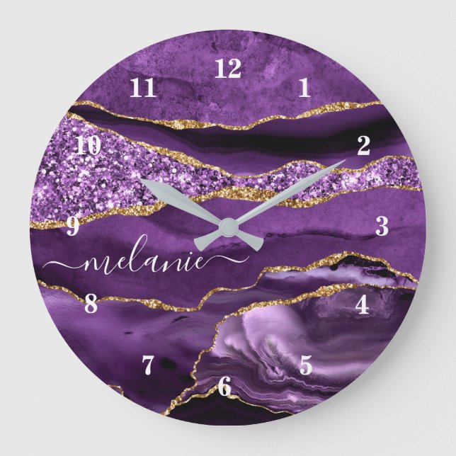 Reloj Redondo Grande Agple violeta morada Purpurina de oro geode nombre (Anverso)