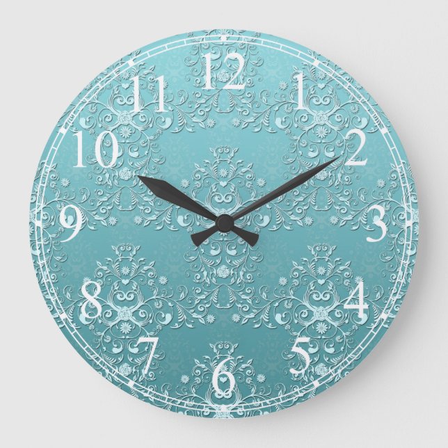 Reloj Redondo Grande Agradable Verde azulado Aqua Turquesa y Damasco Bl (Anverso)