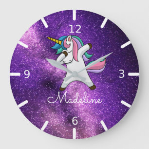 Reloj Redondo Grande AGREGAR SU NOMBRE/Espacio púrpura Dabbing Unicorn 