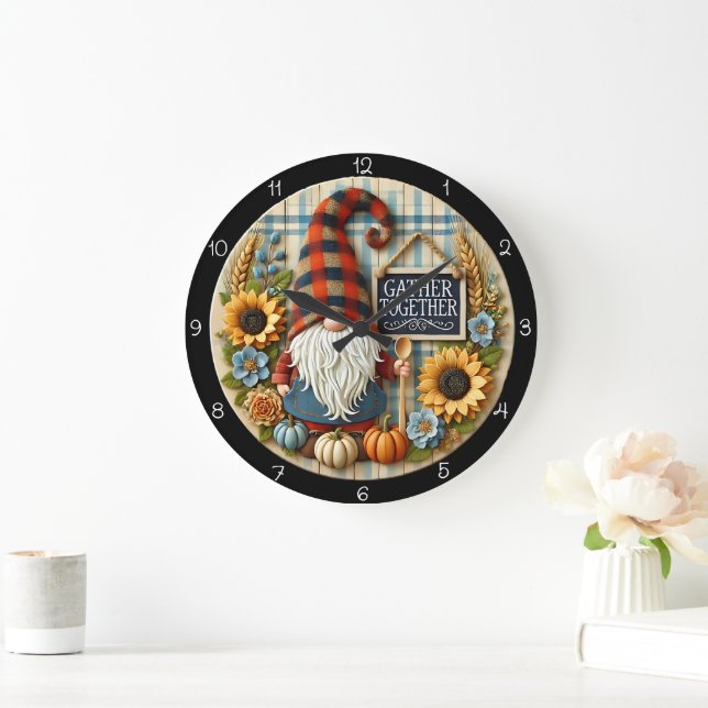 Reloj Redondo Grande Agrupar Juntos Gnomos Girasoles Otoño (Hogar)