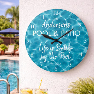 Reloj Redondo Grande Agua de Piscina Azul Personalizada Bienvenido a nu