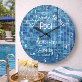 Reloj Redondo Grande Agua de Piscina Azul Personalizada Bienvenidos a n