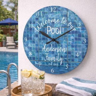 Reloj Redondo Grande Agua de Piscina Azul Personalizada Bienvenidos a n