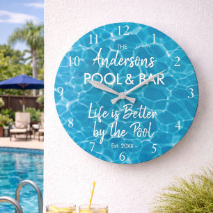 Reloj Redondo Grande Agua de Piscina Azul Personalizada Bienvenidos a n