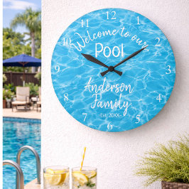 Reloj Redondo Grande Agua de Piscina Azul Personalizada Bienvenidos a n