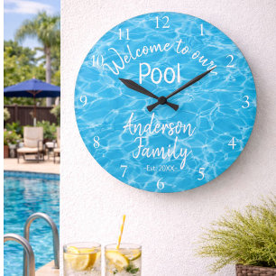 Reloj Redondo Grande Agua de Piscina Azul Personalizada Bienvenidos a n