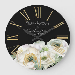 Reloj Redondo Grande Aguamarina Romántica Ranunculus Blanca sobre Negro