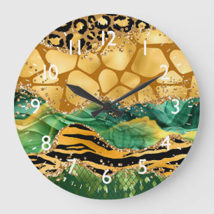Reloj Redondo Grande Aguata de safari dorada y verde con estampado de a