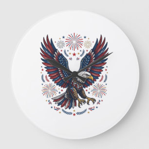 Reloj Redondo Grande Águila Calva Patriótica Fuegos Artificiales Vector