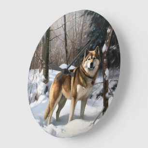 Reloj Redondo Grande Akita Deja que nieve Navidad