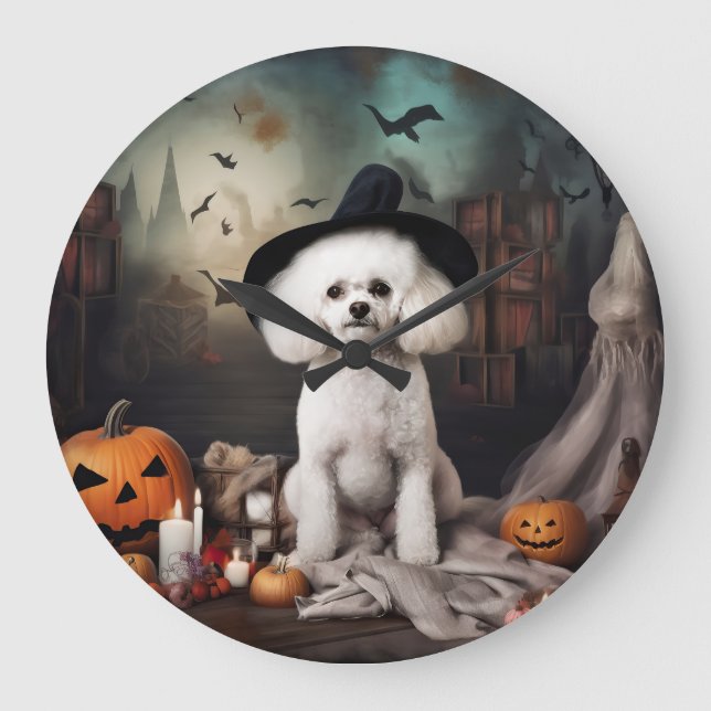 Reloj Redondo Grande Alarma de Halloween de Bichon Frise Pumpkins (Anverso)