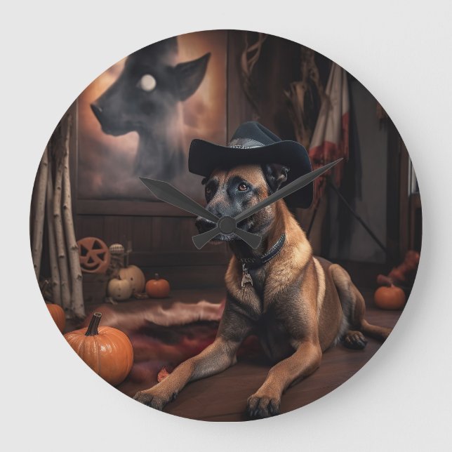 Reloj Redondo Grande Alarma de Halloween en las calabazas de Malinois e (Anverso)