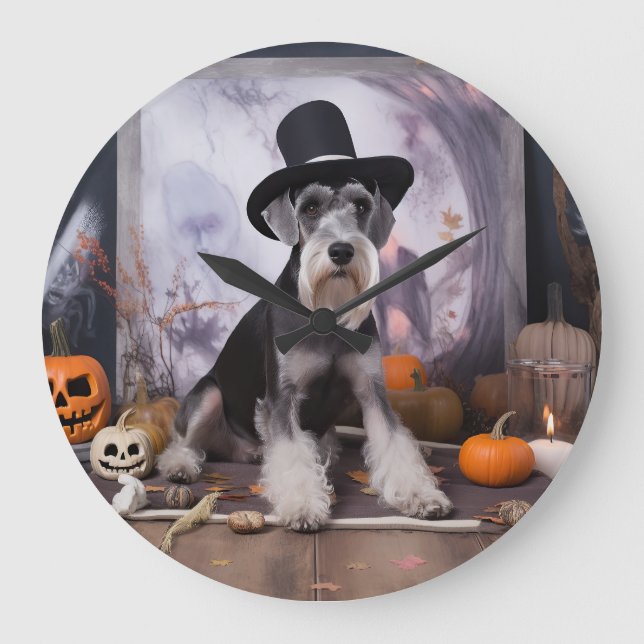 Reloj Redondo Grande Alarma de Halloween en las calabazas de Schnauzer  (Anverso)