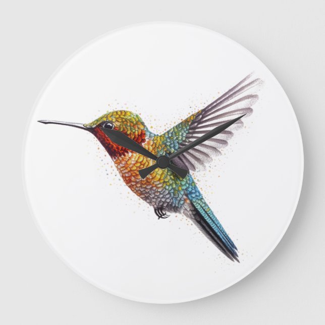 Reloj Redondo Grande Alas arcoiris: Vibrante arte de Hummingbird (Anverso)