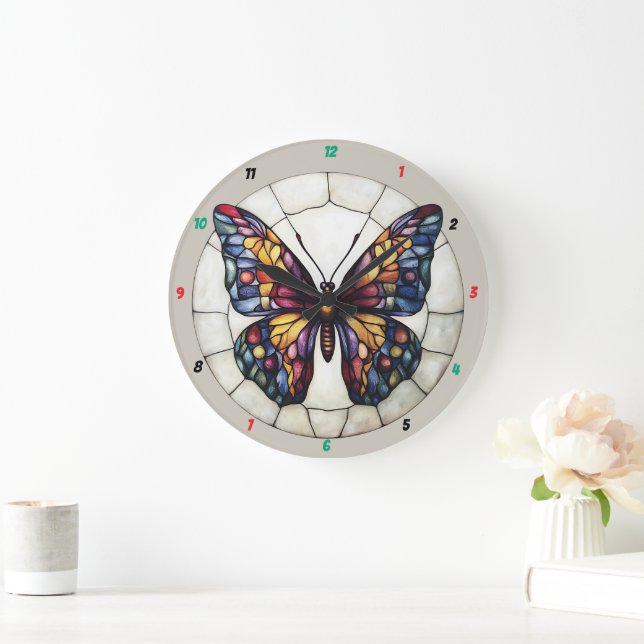 Reloj Redondo Grande Alas Luminosas" - Mariposa de vidrio manchado (Hogar)
