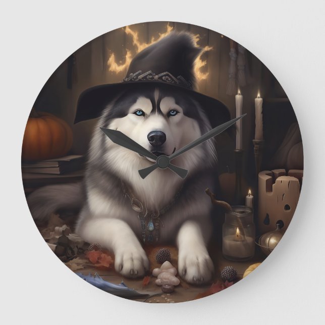 Reloj Redondo Grande Alaskan Malamute calza calabazas de Halloween (Anverso)