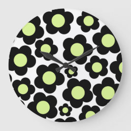 Reloj Redondo Grande Alegre Retro Floral Verde Blanco y Negro