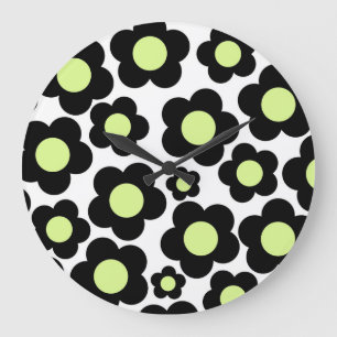 Reloj Redondo Grande Alegre Retro Floral Verde Blanco y Negro