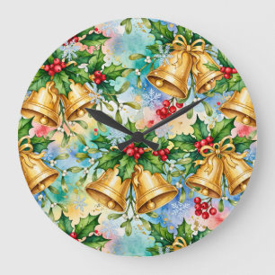 Reloj Redondo Grande Alegres Campanas Doradas de Navidad Acebo