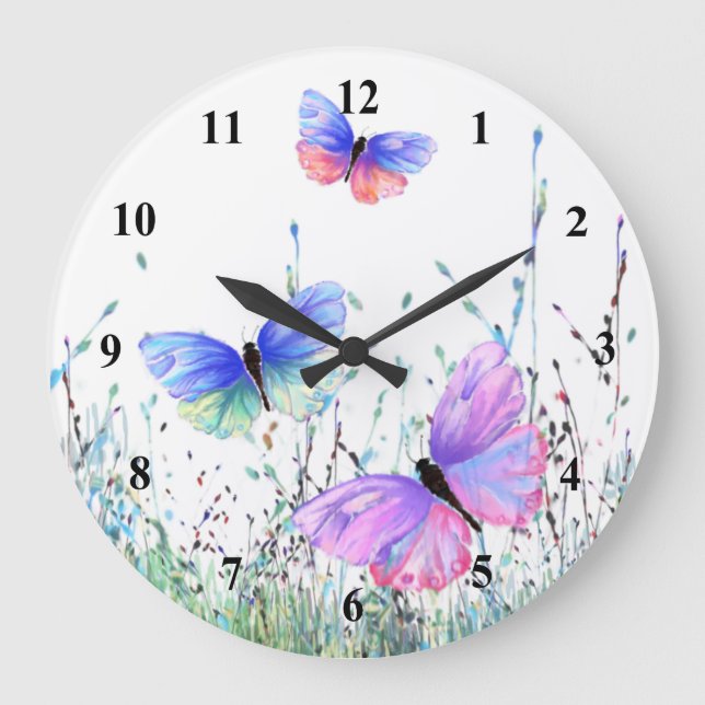 Reloj Redondo Grande Alegría de primavera - Mariposas coloridas vuelan  (Anverso)