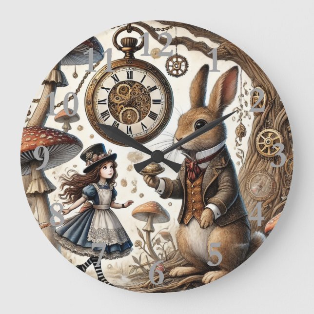 Reloj Redondo Grande Alicia en arte de té de conejo blanco (Anverso)