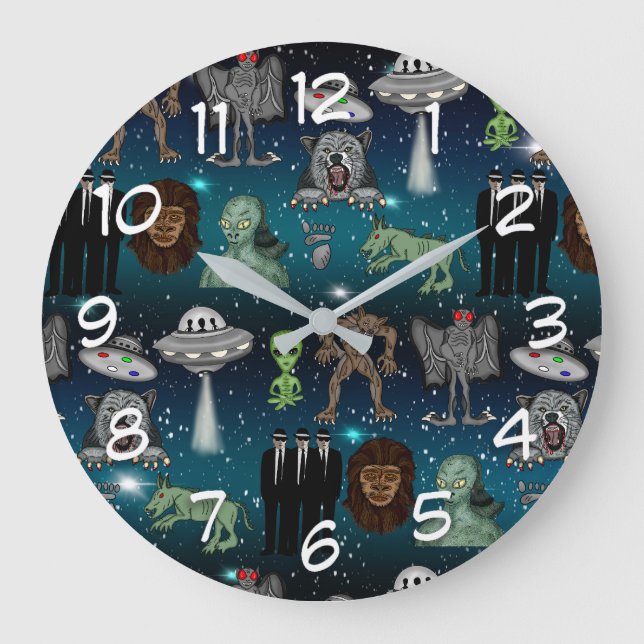 Reloj Redondo Grande Alienígenas de OVNI Chupacabra Cryptids de pie gra (Anverso)