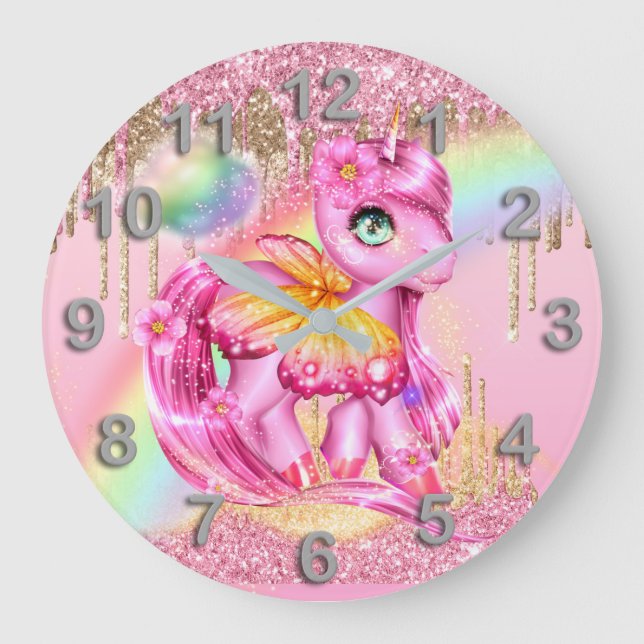 Reloj Redondo Grande Alitas de unicornio rosadas de mariposa purpurina  (Anverso)