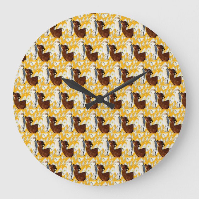 Reloj Redondo Grande Alpacas Marrón Y Blanca Con Flores De Cactus, (Anverso)