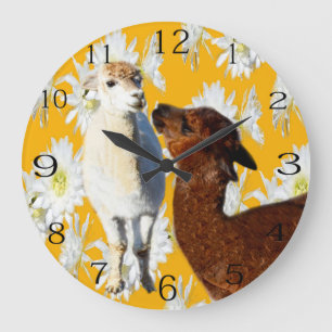 Reloj Redondo Grande Alpacas Marrones Y Blancas Con Flores De Cacti,