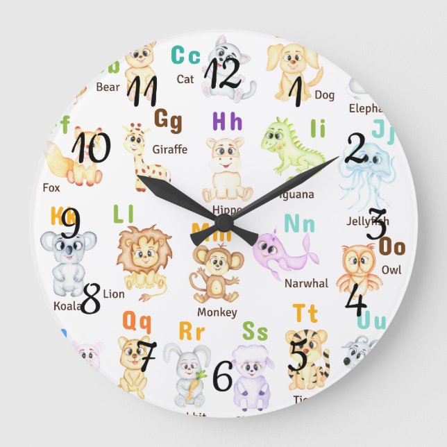 Reloj Redondo Grande Alphabet Animal ABC Animales cutáneos (Anverso)
