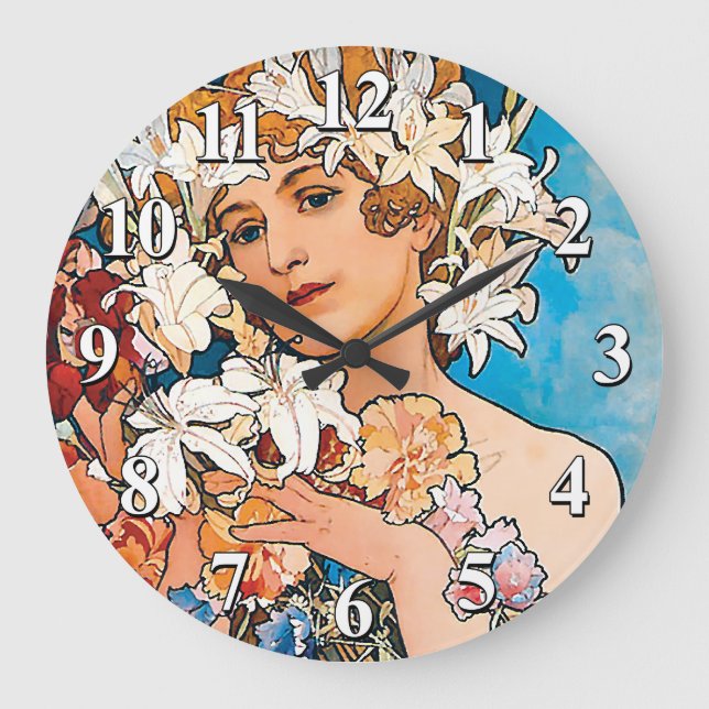 Reloj Redondo Grande Alphonse Mucha - Flor - Art Nouveau retro (Anverso)