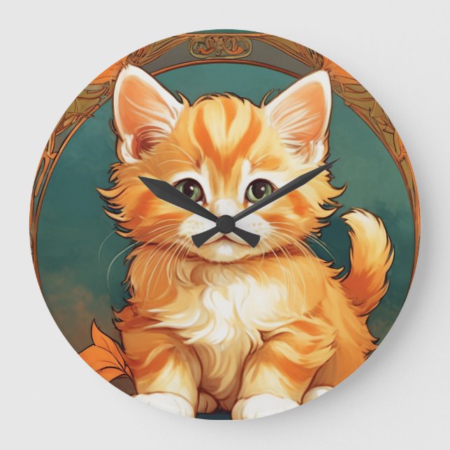 Reloj Redondo Grande Alphonse Mucha Style Naranja Cat (Anverso)