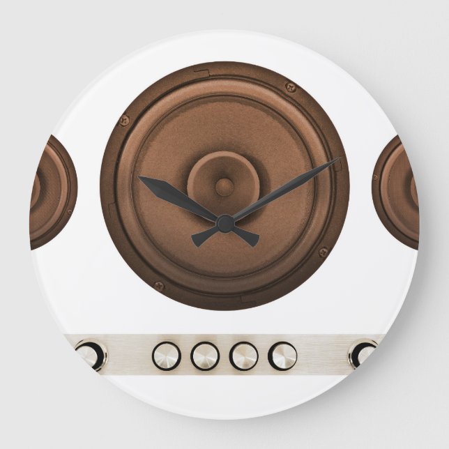 Reloj Redondo Grande Altavoces retro: marrón, blanco aislado. (Anverso)