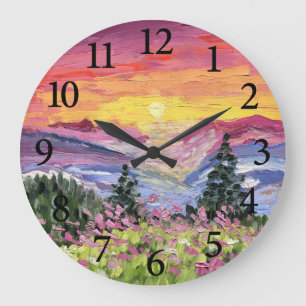 Reloj Redondo Grande Amanecer en la montaña con flores silvestres