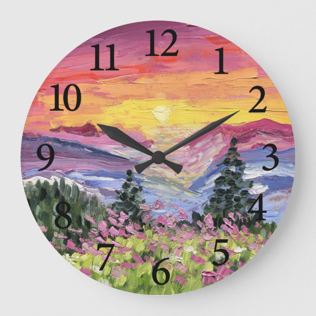 Reloj Redondo Grande Amanecer en la montaña con flores silvestres (Anverso)